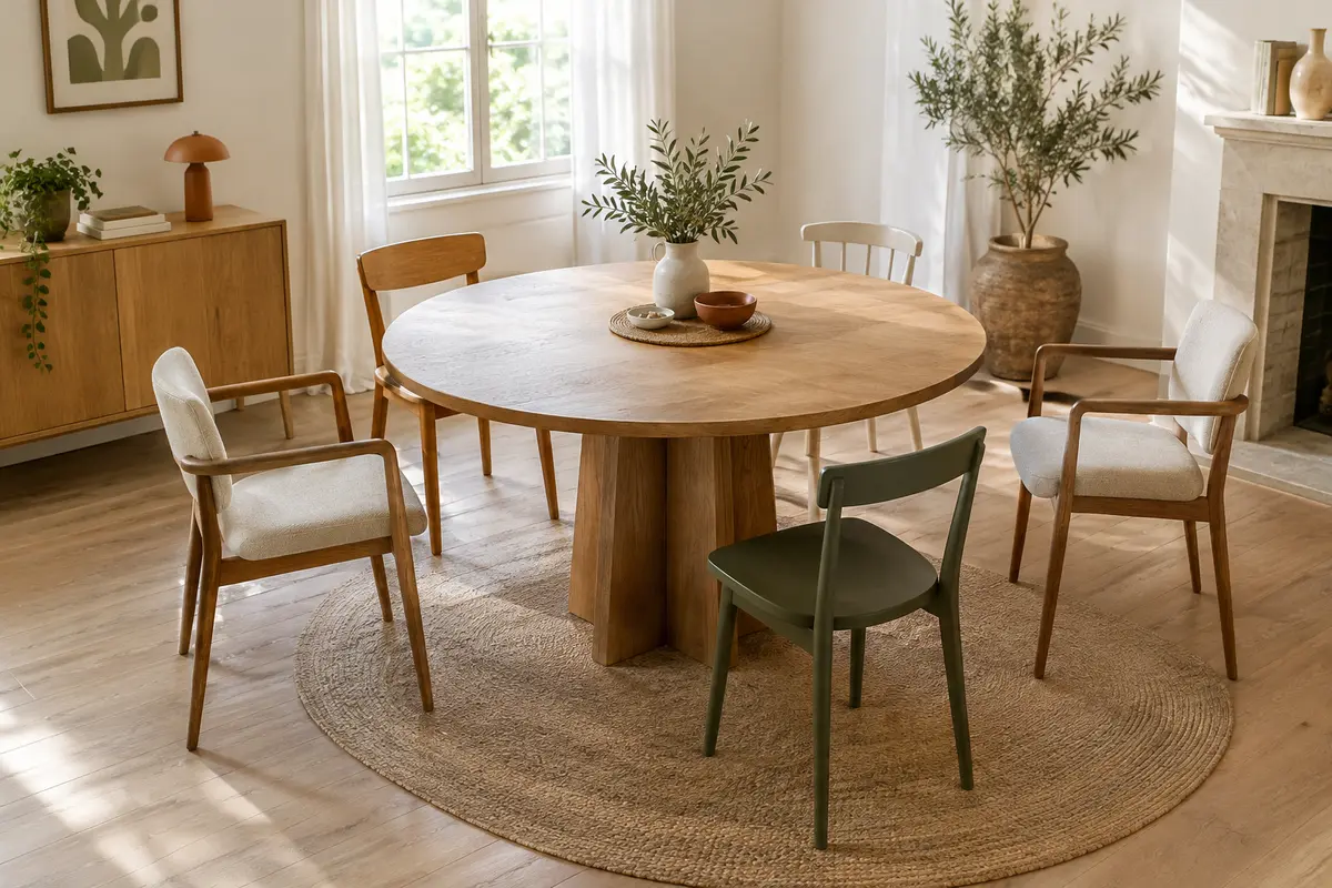 Table ronde entourée de chaises avec et sans accoudoirs, espacées pour préserver le confort des convives