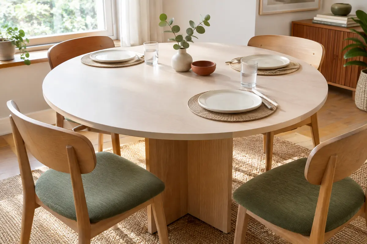 Table ronde au plateau clair, avec chant arrondi et sets lavables dans une salle à manger lumineuse