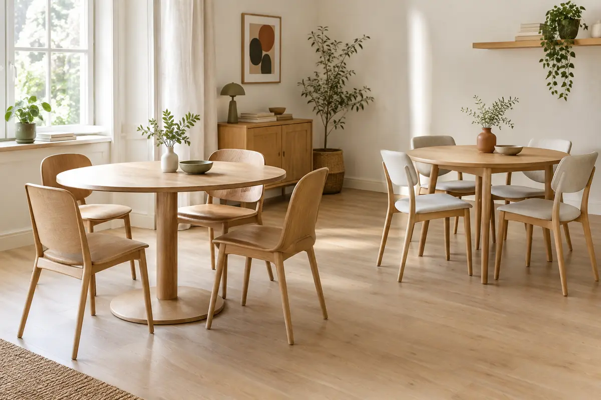 Comparaison de deux tables rondes, l’une à pied central et l’autre à quatre pieds, entourées de chaises