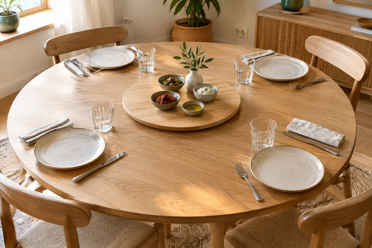 Plateau tournant au centre d’une table ronde, entouré d’assiettes et de verres avec un espace dégagé.