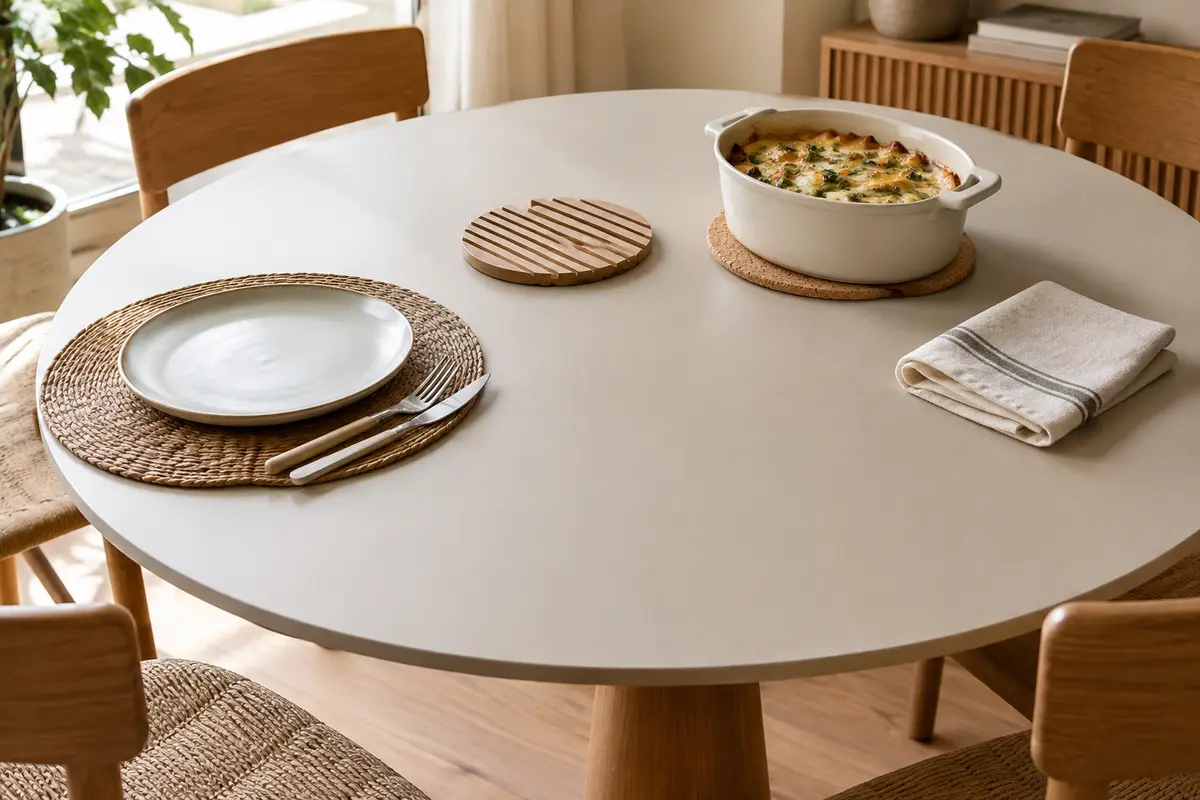 Plateau rond en stratifié protégé par un dessous-de-plat et un set de table
