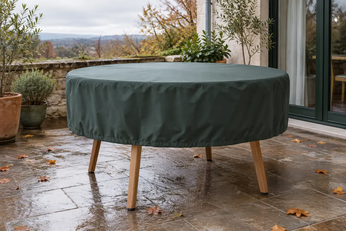 Table ronde de jardin couverte d’une housse sur une terrasse humide en hiver