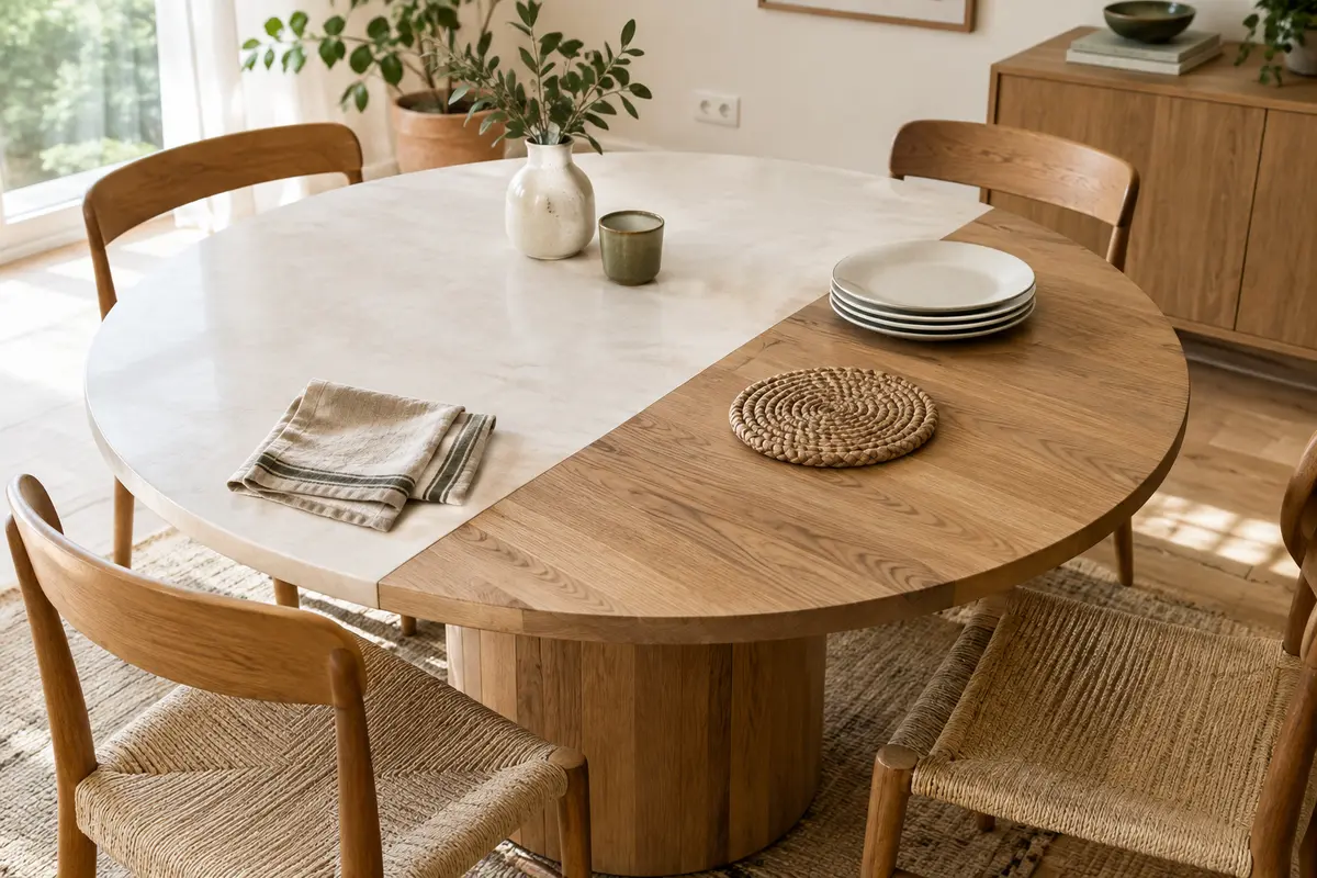 Table ronde montrant un plateau en céramique claire et un plateau en bois naturel, avec accessoires d’entretien
