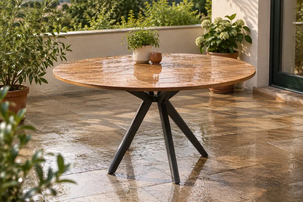 Table ronde de jardin en bois et métal sur une terrasse humide après la pluie