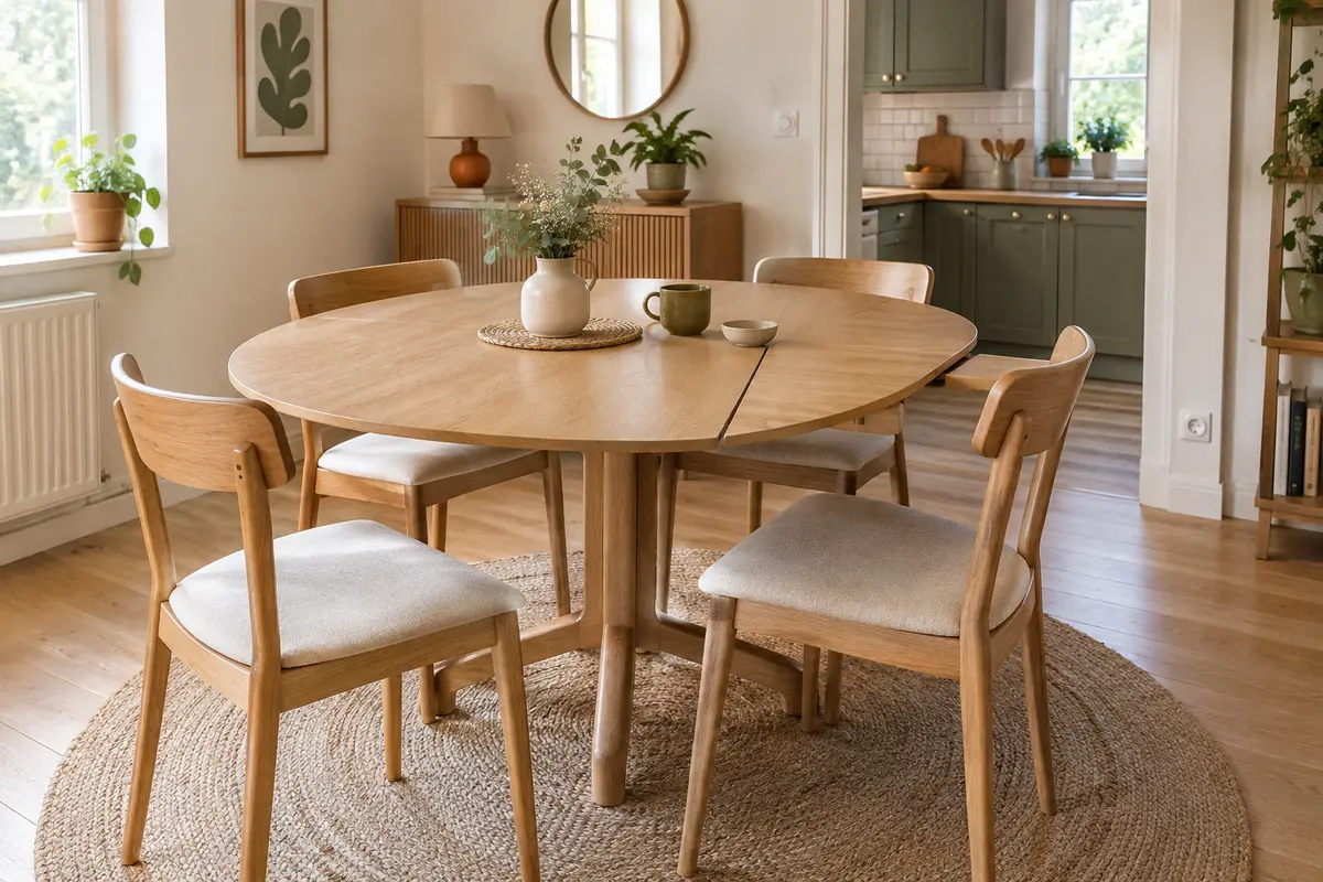 Table ronde extensible en bois clair déployée dans une petite salle à manger avec des chaises autour