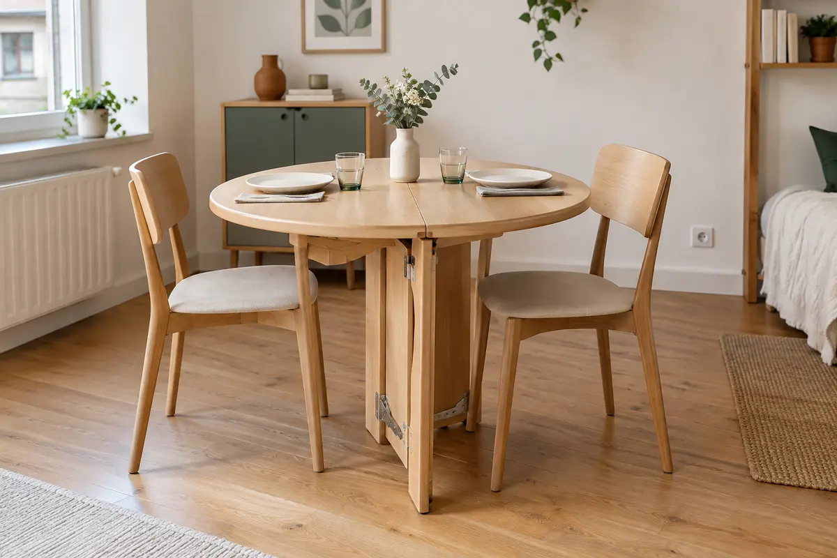 Table ronde pliante ouverte dans un coin repas compact de studio, avec deux chaises et un rangement discret.