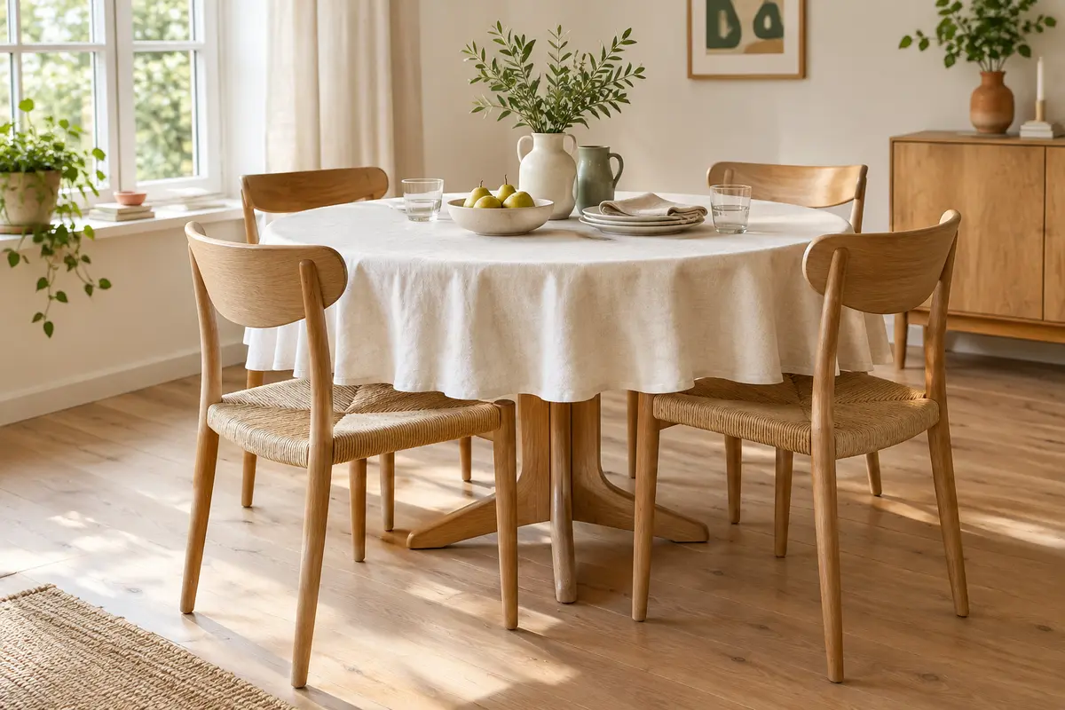Nappe ronde à retombée modérée sur une table de salle à manger, avec les chaises dégagées