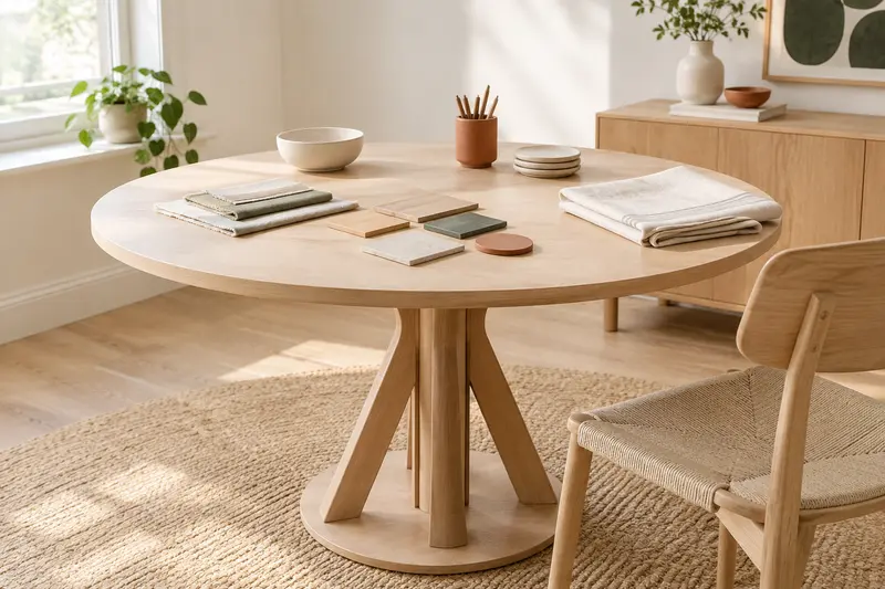 Table ronde et assise dans un coin repas lumineux, avec les matières et accessoires visibles.