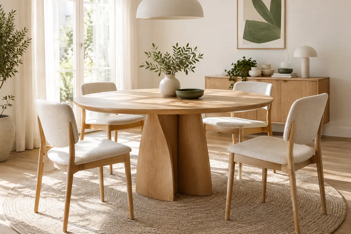 Table ronde en bois naturel au centre d’une salle à manger sobre, accompagnée de chaises et d’accessoires.